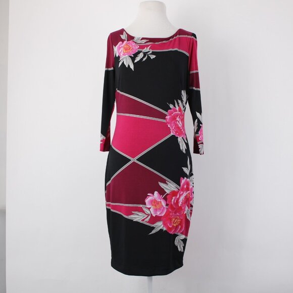 Cache Dress Sz 4 Black Pink Floral 3/4 Sleeve Midi Polyester Spandex  Dress - Picture 10 of 13